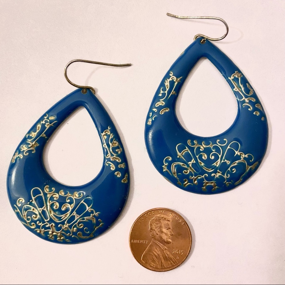 Blue and gold large boho teardrop earrings